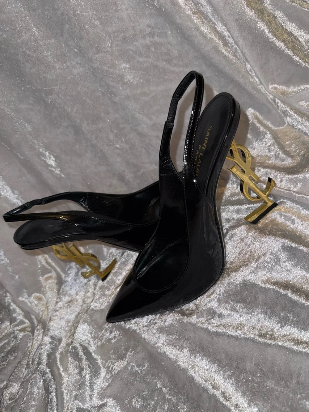 Saint Laurent Black Patent Slingback Pumps with Gold YSL Heel